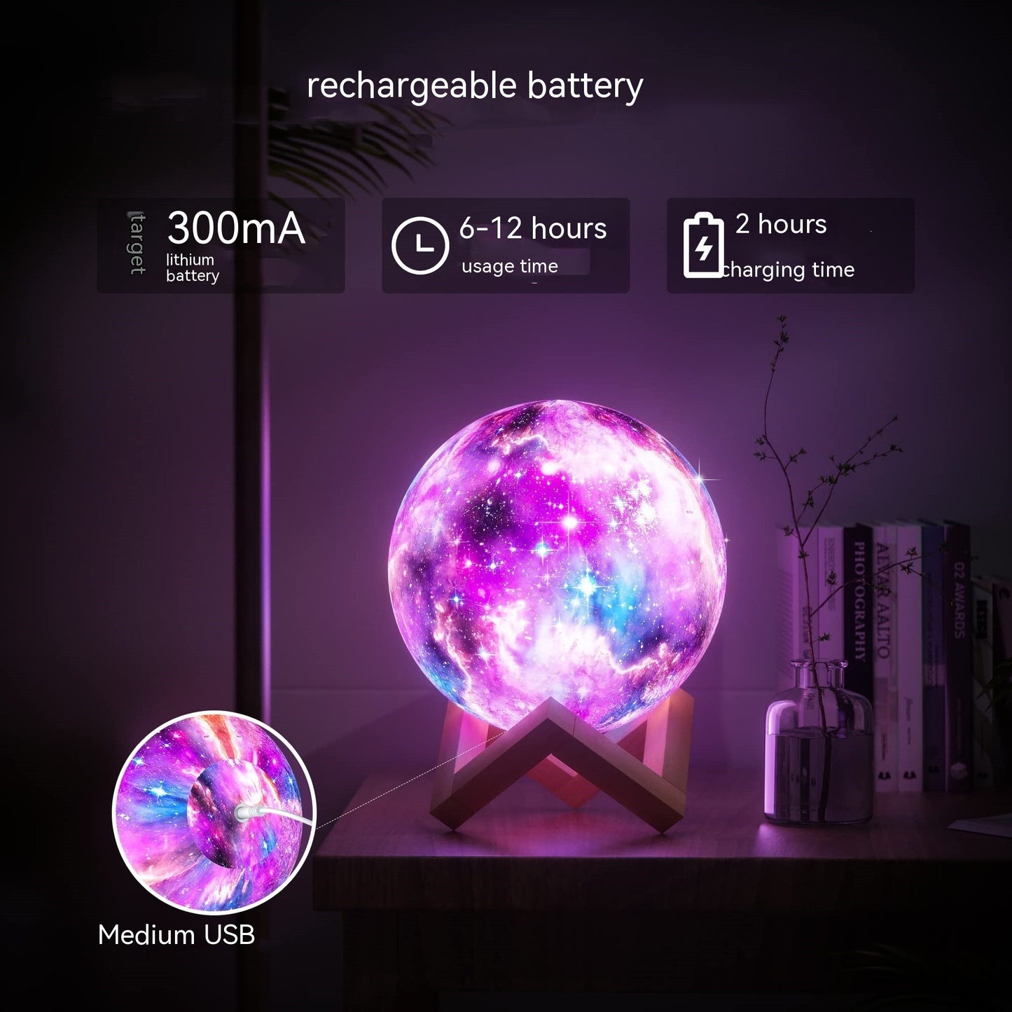 3D Printing Moon Light Galaxy  Light Colorful 3D Galaxy Moon Lamp – Rechargeable LED Night Light for Kids & Adults